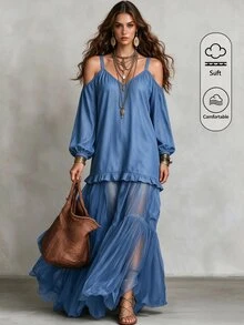 Omancia Women's Open Shoulder Lantern Sleeve Patchwork Chiffon Maxi Dress Vacation Dusty Blue Autumn Boho - Blue - View 1