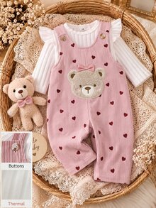 SHEIN 新生兒燈芯絨愛心印花兒童布料可愛毛絨熊刺繡圖案肩帶加厚寬鬆連身長褲，適合冬季 - 藕粉色 - 查看 4