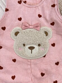 SHEIN 新生兒燈芯絨愛心印花兒童布料可愛毛絨熊刺繡圖案肩帶加厚寬鬆連身長褲，適合冬季 - 藕粉色 - 查看 5
