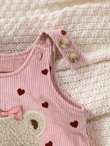 SHEIN 新生兒燈芯絨愛心印花兒童布料可愛毛絨熊刺繡圖案肩帶加厚寬鬆連身長褲，適合冬季 - 藕粉色 - 查看 6