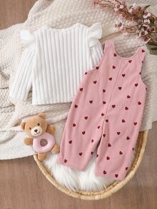 SHEIN 新生兒燈芯絨愛心印花兒童布料可愛毛絨熊刺繡圖案肩帶加厚寬鬆連身長褲，適合冬季 - 藕粉色 - 查看 2