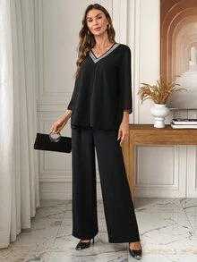 SHEIN LUNE Women's V-Neck Contrast Color Long Sleeve Top And Pants Casual Daily 2 Pieces Set Winter Outfit For Women Elegant Sets For Women Sequin Top - Multicolor - View 6