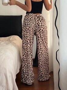 Napfluff Women's Flannel Patchwork Pink Leopard Print Bowknot Long Pants Lounge Fall Kawaii Casual - Multicolor - View 2