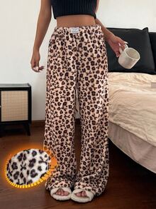 Napfluff Women's Flannel Patchwork Pink Leopard Print Bowknot Long Pants Lounge Fall Kawaii Casual - Multicolor - View 1