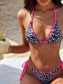 SHEIN Swim 2pcs/Set Printed Bikini Swimwear (Random Print), Micro Triangle - Hot Pink - View 4