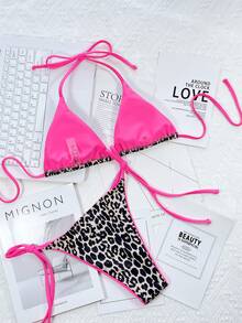 SHEIN Swim 2pcs/Set Printed Bikini Swimwear (Random Print), Micro Triangle - Hot Pink - View 2