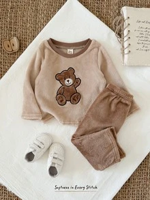 Cozy Pixies Baby Boy Casual Comfortable Versatile Cute Bear Pattern Plush Fabric Long Sleeve Top And Long Pants Set - Multicolor - View 5