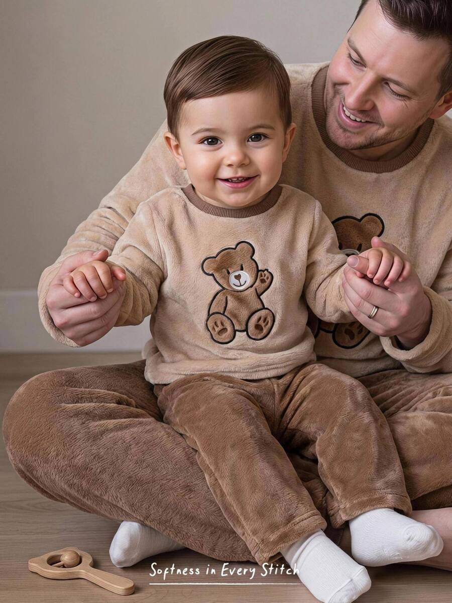 Cozy Pixies Baby Boy Casual Comfortable Versatile Cute Bear Pattern Plush Fabric Long Sleeve Top And Long Pants Set - Multicolor - View 1