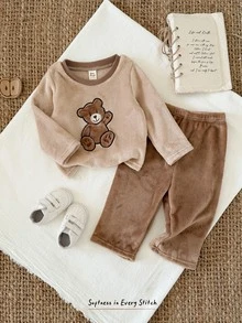 Cozy Pixies Baby Boy Casual Comfortable Versatile Cute Bear Pattern Plush Fabric Long Sleeve Top And Long Pants Set - Multicolor - View 4
