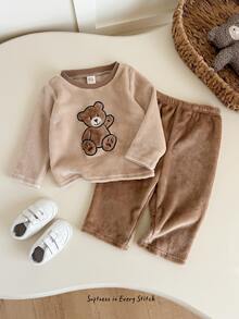 Cozy Pixies Baby Boy Casual Comfortable Versatile Cute Bear Pattern Plush Fabric Long Sleeve Top And Long Pants Set - Multicolor - View 3