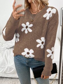 EMERY ROSE Women's Casual Plush Floral Pattern Crew Neck Drop Shoulder Long Sleeve Autumn/Winter Knit Pullover Sweater - Multicolor - View 8