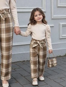 SHEIN Tween Girls Gigot Sleeve Rib Top & Plaid Pants 2Pcs Outfit, Ruffle Mock Neck, Bow Waistband, Vintage Style For Spring Autumn - Multicolor - View 1