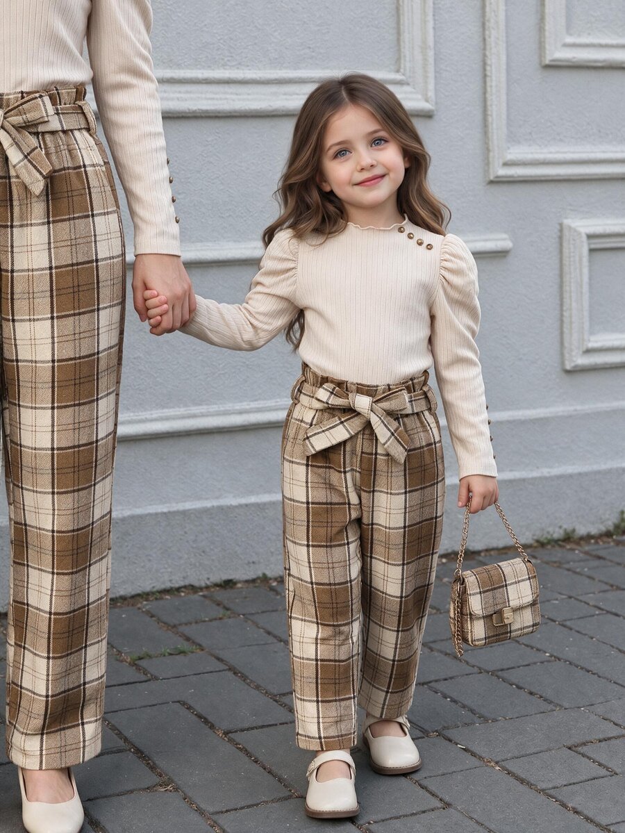 SHEIN Tween Girls Gigot Sleeve Rib Top & Plaid Pants 2Pcs Outfit, Ruffle Mock Neck, Bow Waistband, Vintage Style For Spring Autumn - Multicolor - View 1