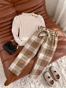 SHEIN Tween Girls Gigot Sleeve Rib Top & Plaid Pants 2Pcs Outfit, Ruffle Mock Neck, Bow Waistband, Vintage Style For Spring Autumn - Multicolor - View 9