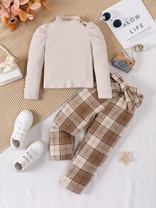 SHEIN Tween Girls Gigot Sleeve Rib Top & Plaid Pants 2Pcs Outfit, Ruffle Mock Neck, Bow Waistband, Vintage Style For Spring Autumn - Multicolor - View 4