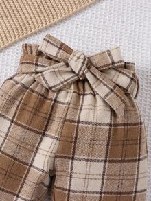 SHEIN Tween Girls Gigot Sleeve Rib Top & Plaid Pants 2Pcs Outfit, Ruffle Mock Neck, Bow Waistband, Vintage Style For Spring Autumn - Multicolor - View 6