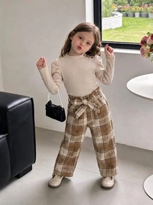 SHEIN Tween Girls Gigot Sleeve Rib Top & Plaid Pants 2Pcs Outfit, Ruffle Mock Neck, Bow Waistband, Vintage Style For Spring Autumn - Multicolor - View 3