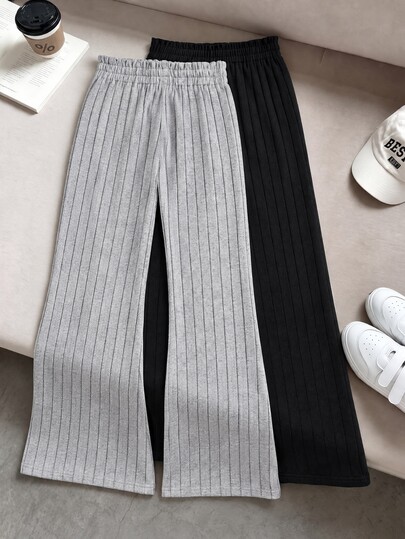 SHEIN Tween Girls Fall Clothes High Waist 2 Pieces Of Soft And Comfortable Straight-Leg Pants In Black And Grey-Green, Fall, Casual, Minimalist