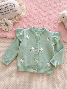 SHEIN Baby Girls Round Neck Knitted Cardigan, Light Pink Floral Hand-Embroidered Sweater, Heavy Craft Cartoon Cute Flutter Sleeve, Fall Party Birthday - Green - View 4