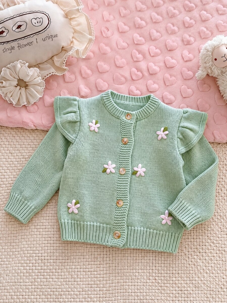 SHEIN Baby Girls Round Neck Knitted Cardigan, Light Pink Floral Hand-Embroidered Sweater, Heavy Craft Cartoon Cute Flutter Sleeve, Fall Party Birthday - Green - View 1