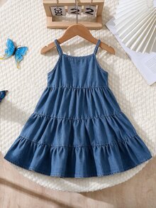 SHEIN Young Girl' Blue Denim Patchwork Layered A-Line Casual Cowgirl Dress Spring Blue - Blue - View 2