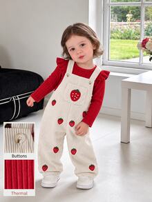SHEIN 2pcs Toddler Girl T Shirt Corduroy Pocket Overalls Cute Sweet Red Cream Strawberry Ruffle Ribbed Flutter Long Sleeve Outdoor Party Fall Winter - Red - View 3