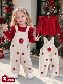 SHEIN 2pcs Toddler Girl T Shirt Corduroy Pocket Overalls Cute Sweet Red Cream Strawberry Ruffle Ribbed Flutter Long Sleeve Outdoor Party Fall Winter - Red - View 1