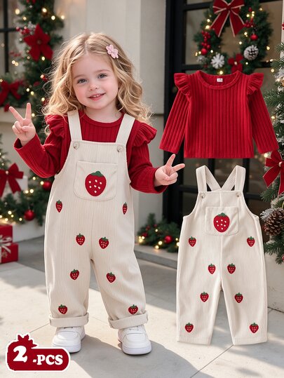 SHEIN 2pcs Toddler Girl T Shirt Corduroy Pocket Overalls Cute Sweet Red Cream Strawberry Ruffle Ribbed Flutter Long Sleeve Outdoor Party Fall Winter