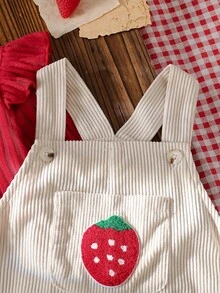 SHEIN 2pcs Toddler Girl T Shirt Corduroy Pocket Overalls Cute Sweet Red Cream Strawberry Ruffle Ribbed Flutter Long Sleeve Outdoor Party Fall Winter - Red - View 4
