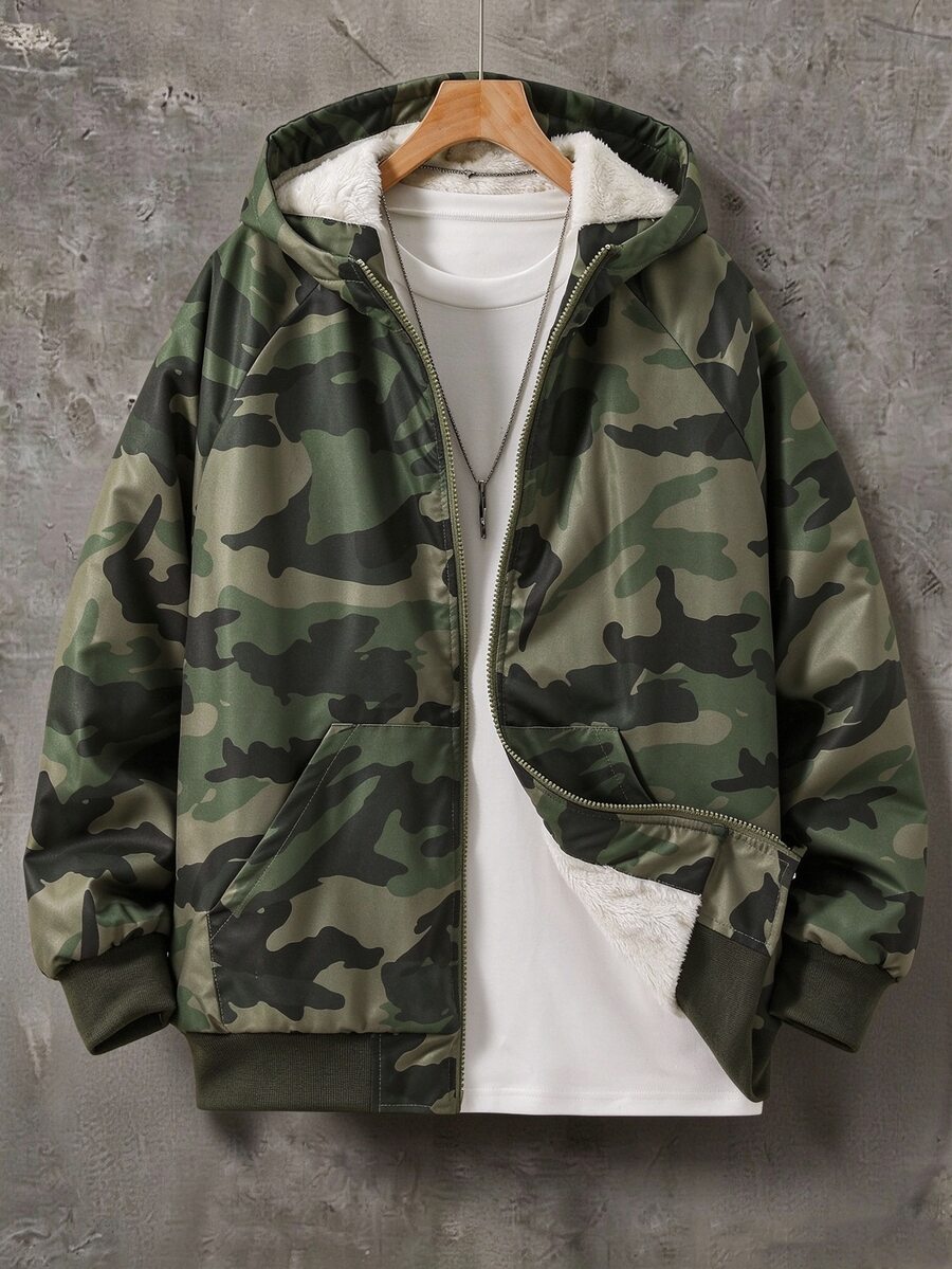 Casuvi Kids 1pc Teen Boys Hooded Fleece Jacket With Camouflage Pattern, Suitable For Autumn And Winter Commuting, Streetwear, And Outdoor Wear