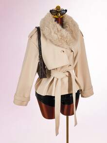 Amplova Women's Solid Color Fur Collar Dropped Shoulder Long Sleeve Double Breasted Overcoat - Grey - View 14