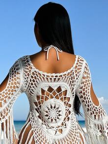 SHEIN Swim Women's Crochet Hollow Out Shoulder Beach Cover Up Dress, Spring Break/Resort Style For Summer Beach Vacation - White - View 2