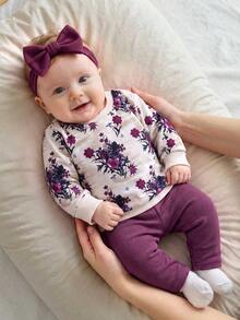 SHEIN Newborn Shoulder Snap Fleece Kids Kids Thick Floral Print Pullover Sweatshirt & Solid Color Leggings Set, Suitable For Winter - Purple - View 8