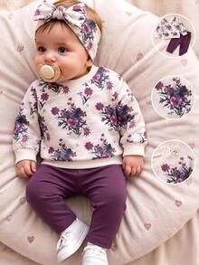 SHEIN Newborn Shoulder Snap Fleece Kids Kids Thick Floral Print Pullover Sweatshirt & Solid Color Leggings Set, Suitable For Winter - Purple - View 1