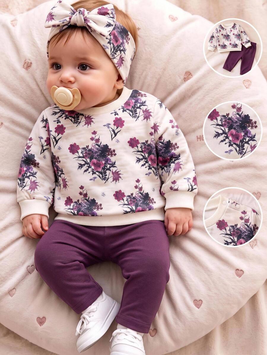 SHEIN Newborn Shoulder Snap Fleece Kids Kids Thick Floral Print Pullover Sweatshirt & Solid Color Leggings Set, Suitable For Winter - Purple - View 1