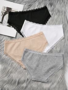 SHEIN Dozemod Teen Girl Cute Simple Comfortable Lace Trim Ribbon Bow Decor Elastic Waist Triangle Panties 4pcs/Pack - Multicolor - View 4