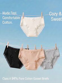 SHEIN Dozemod Teen Girl Cute Simple Comfortable Lace Trim Ribbon Bow Decor Elastic Waist Triangle Panties 4pcs/Pack - Multicolor - View 3