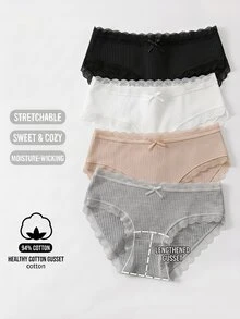 SHEIN Dozemod Teen Girl Cute Simple Comfortable Lace Trim Ribbon Bow Decor Elastic Waist Triangle Panties 4pcs/Pack - Multicolor - View 1