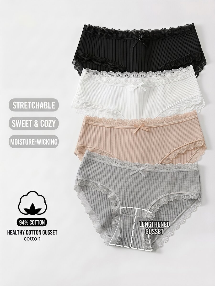 SHEIN Dozemod Teen Girl Cute Simple Comfortable Lace Trim Ribbon Bow Decor Elastic Waist Triangle Panties 4pcs/Pack - Multicolor - View 1