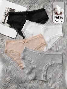 SHEIN Dozemod Teen Girl Cute Simple Comfortable Lace Trim Ribbon Bow Decor Elastic Waist Triangle Panties 4pcs/Pack - Multicolor - View 2