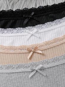 SHEIN Dozemod Teen Girl Cute Simple Comfortable Lace Trim Ribbon Bow Decor Elastic Waist Triangle Panties 4pcs/Pack - Multicolor - View 5