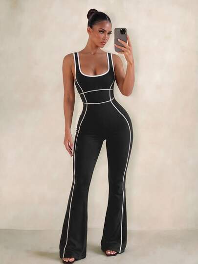 FavEase Women's Yoga Outdoor Fitness Jumpsuit With Wide Strap, Tight Fit Flared Pants With Contrast Color Stripes