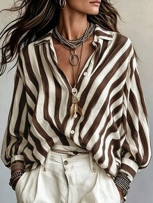SHEIN Franclia 復古咖啡棕條紋翻領寬鬆長袖女款襯衫，垂墜慵懶休閒風，適合度假通勤百搭上衣 - 咖啡棕 - 查看 6