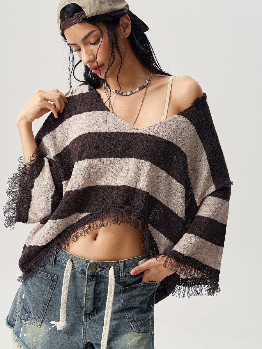 Bohemela Vintage Colorblock Loose Knit Pullover Sweater - Khaki - View 1