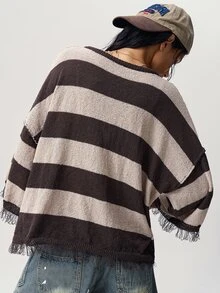 Bohemela Vintage Colorblock Loose Knit Pullover Sweater - Khaki - View 7