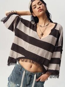 Bohemela Vintage Colorblock Loose Knit Pullover Sweater - Khaki - View 3