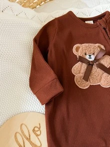 Cozy Pixies 新生兒休閒日常舒適卡通熊圖案刺繡長袖秋冬連身衣連腳拉鍊款 - 摩卡棕 - 查看 6