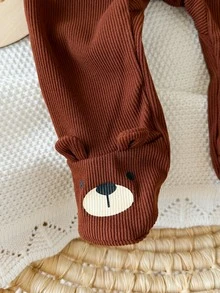 Cozy Pixies 新生兒休閒日常舒適卡通熊圖案刺繡長袖秋冬連身衣連腳拉鍊款 - 摩卡棕 - 查看 5