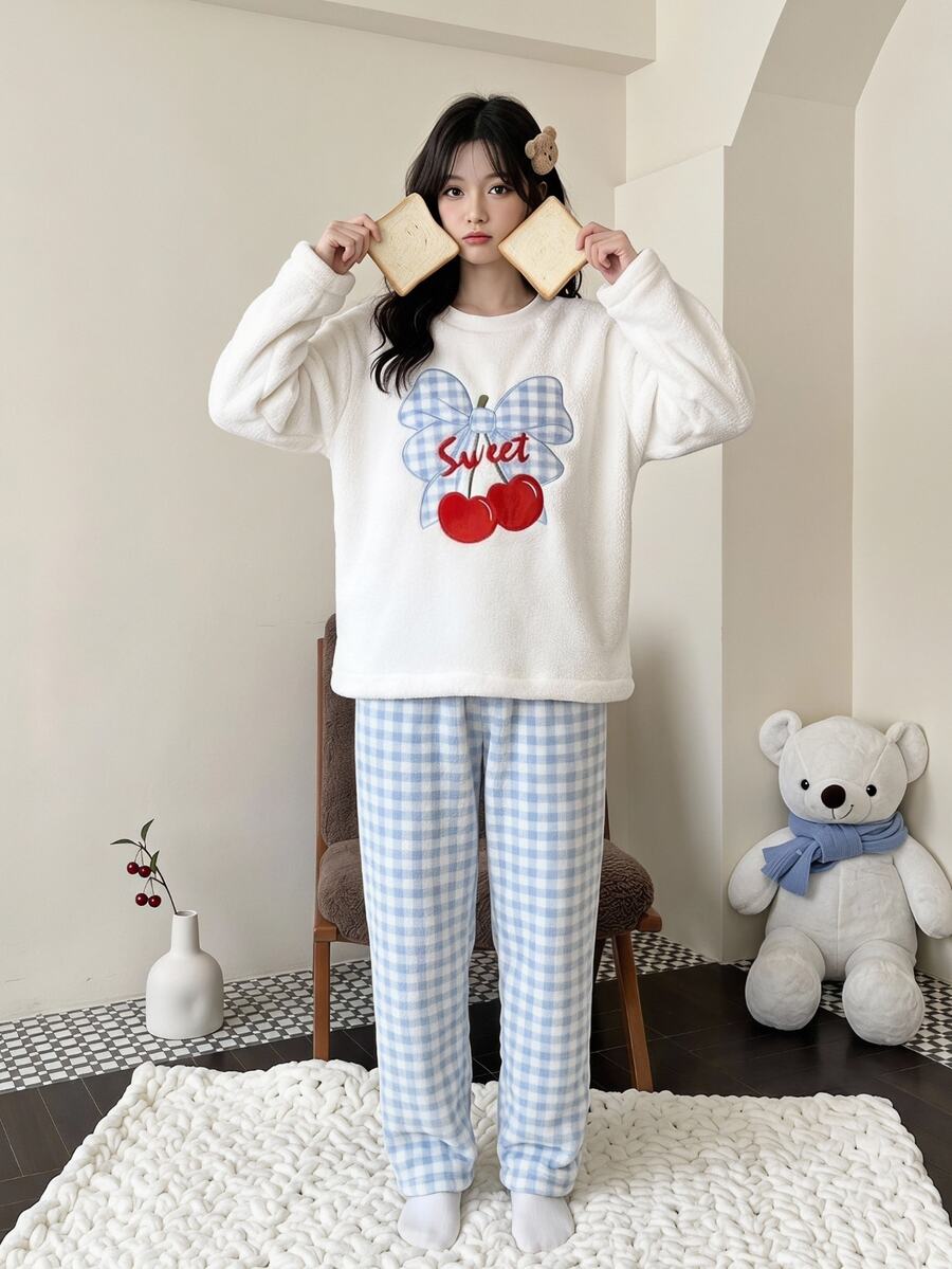 SHEIN Genkimix Kids Girls Pajamas, Big Tween Girl Autumn/Winter Daily Casual Elegant Homewear Long Sleeve Long Pants Bow Cherry Embroidery Pattern And All-Over Small Heart Pattern Fleece Set - Multicolor - View 1