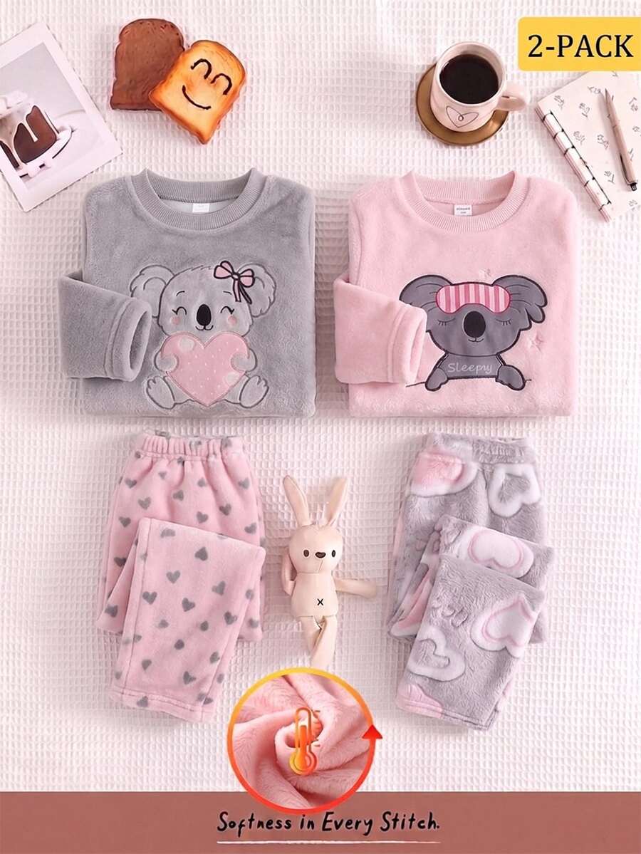 2件組女童幼兒時尚卡通考拉與愛心印花長袖抓絨睡衣套裝,冬季法蘭絨睡衣套裝,蝴蝶結睡衣套裝,女童居家休閒服套裝 - 灰色 - 查看 1